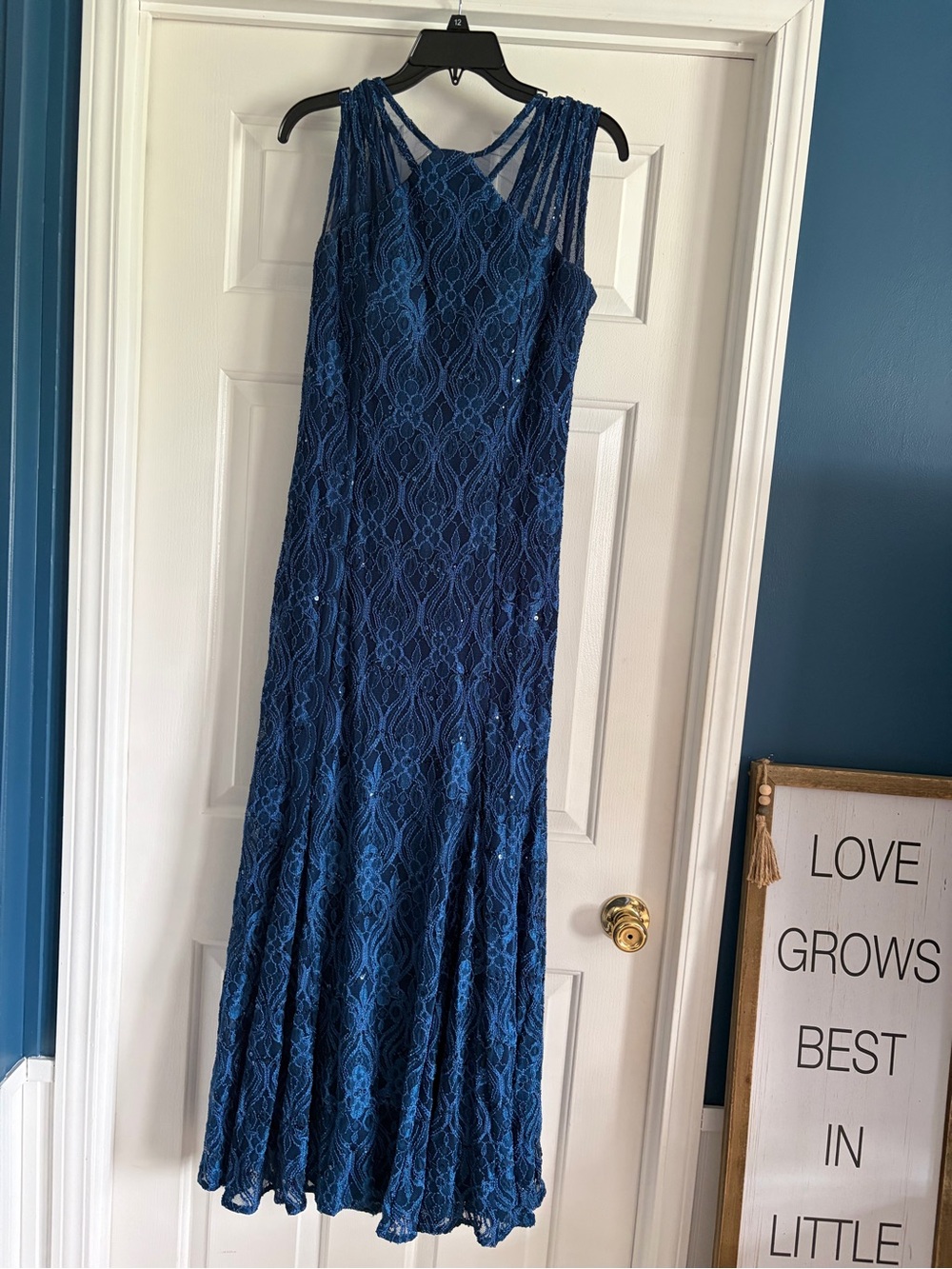 R&M Richards Royal Blue Lace Maxi Evening Dress